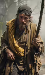 a man with a staff in his hand and holding a stick