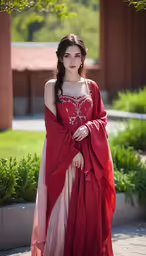 a woman in a red dress wearing an elegant dress