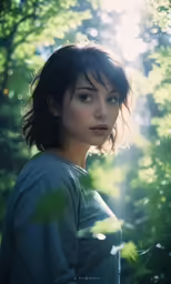 a young woman is standing in front of trees and plants