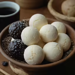 a bowl of cookies and pastries sit on a table