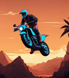 motorcycle rider in the middle of jump in front of mountain and orange sky,a man that is on a dirt bike in the air