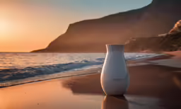 a large vase is set on the beach and facing the sun