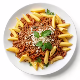 pasta with cheese, sauce and fresh herbs in a bowl
