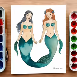 watercolor paints with a drawing of mermaids wearing green and red