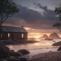 a cabin sitting next to a body of water