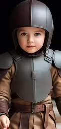 a small child wearing an armor uniform with a helmet