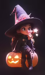 a girl dressed in a witches outfit is sitting on top of a pumpkin
