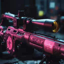 red guns are resting on a black and silver surface