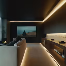 a living room with a long couch and a flat screen television