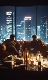 two men sit on a couch in front of a cityscape