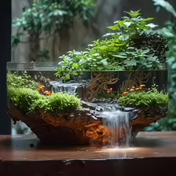 the bowl has small plants in it as well as water