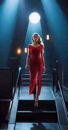 a woman walking down some stairs wearing a red dress