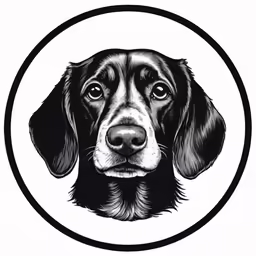 a black and white portrait of a dog, inside a circular circle