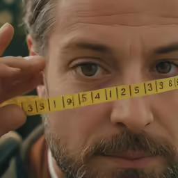 a man holding a tape over his eyes with a measuring tape on it