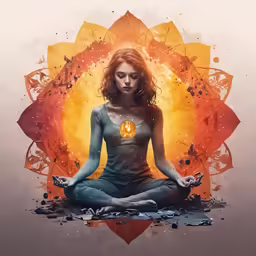 a woman in white is meditating on orange and blue flowers