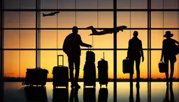 a group of people are standing with their suitcases at the airport,the silhouette of a group of people with luggage in front of an airport window