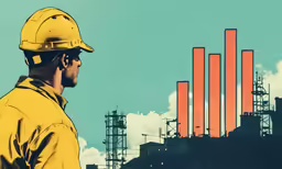 a man wearing a yellow safety helmet looking at some smoke stacks