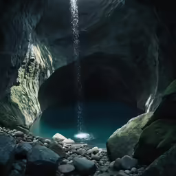 a waterfall falling into a cave filled with green water