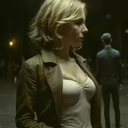 a woman standing in the middle of a city street