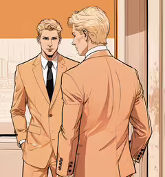 two men in suits looking at each other in a hallway,a cartoon is shown with two men dressed in suits