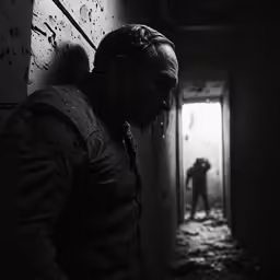 a man is standing in a dimly lit area in the dark