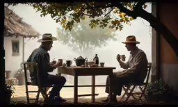 two men sitting at a table with beer