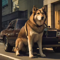 an brown and white dog sitting on the side of a road