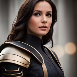 a woman in a gold and black suit is looking at the camera