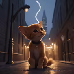 a cat standing on a sidewalk at night