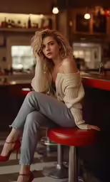 the woman in the sweater is sitting on the stool