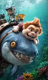 the little mermaid and her father riding a fish under water