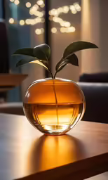 an orange vase filled with water and a plant