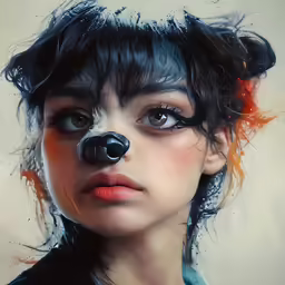 a girl with an unusual nose, nose ring and large black nose ring