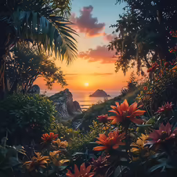 the sun sets over a group of flowers on a sunny day