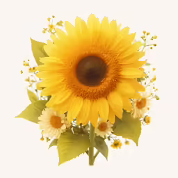 a sunflower and other small white flowers in the foreground