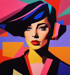 the painting shows a female with a bold hat,the painting is very vibrant and beautiful, while its bold, bright colors are contrasted to the woman