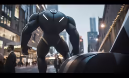 a big muscular man in a black suit standing on a city street