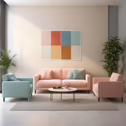 a living room with pastel color scheme and pillows