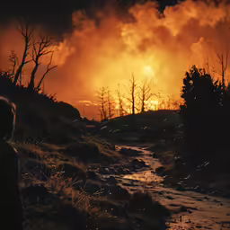 a small child stands on a trail as the sun goes down