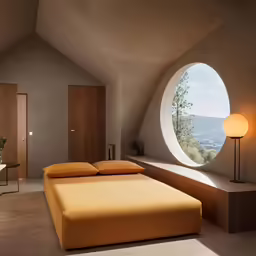 this is an empty room with a window to the mountains