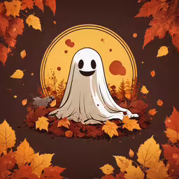 a halloween scene with a ghost in front of a full moon,a cartoon ghost sitting in the leaves of a field
