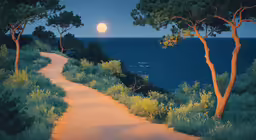 the path to the ocean leads to a full moon over the water