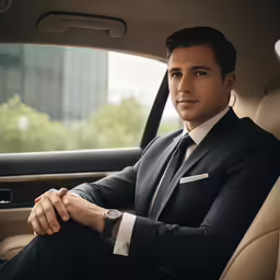a man in a suit sitting in the backseat of his car