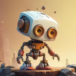 an animated robot with large eyes on top of a rocky surface