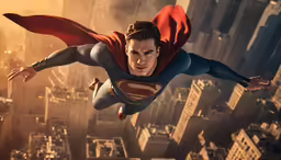 man of steel flying in the air near the city