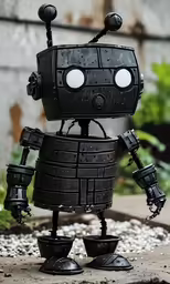 the small robot is sitting on top of a metal barrel