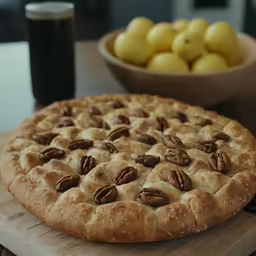 a table with a large pie on it next to a bowl of fruit