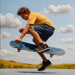 a boy in a yellow shirt doing a trick on his skateboard