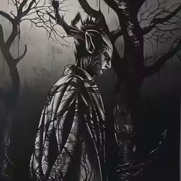 a black and white drawing of a person near trees,a painting of a person standing in a forest