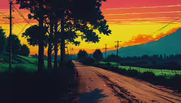 a painting of trees near the side of a country road,the colors of the sky are very vibrant